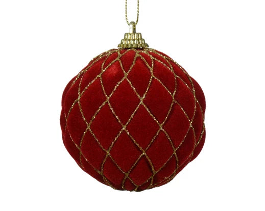 Bauble foam with gold glitters and check christmas red/gold D.8cm