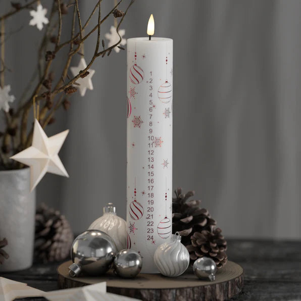 White Calendar LED Candle with Red Print