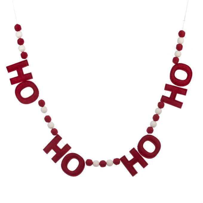 Decorative garland with 'HO HO HO' text and red, white, and burgundy beads on a white background