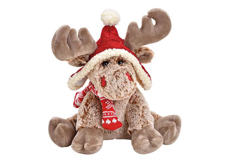 Moose plush brown with red hat (23x25x19cm)