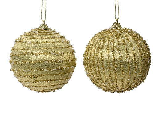 Bauble foam glitter lines w diamonds  light gold D.10cm