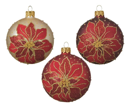 Bauble gl matt poinsettia 3col  orted D.8cm