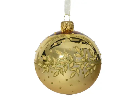 Bauble glass shiny leaf border light gold D.8cm