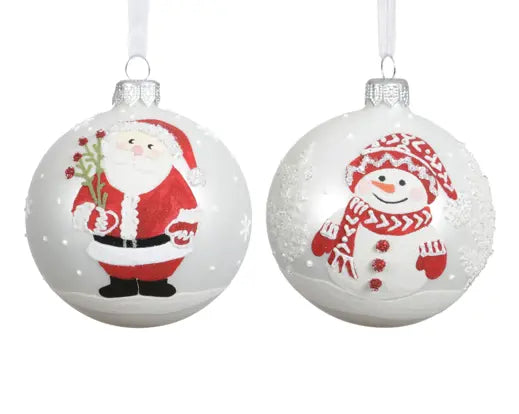 Bauble glass matt santa - snowman  winter white D.8cm