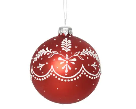 Bauble glass matt bows with leaves dots and snowflakes christmas red D.8cm