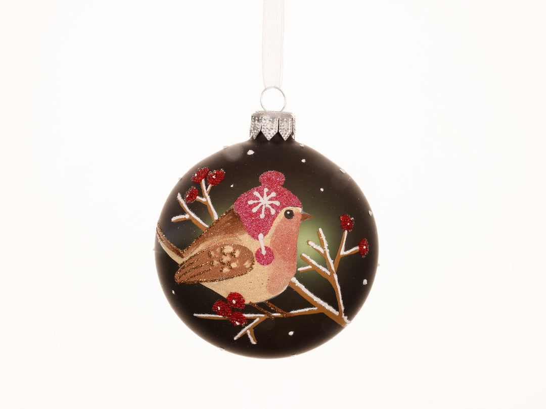 Bauble glass matt bird on branch pine green D.8cm