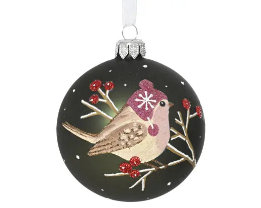 Bauble glass matt bird on branch pine green D.8cm