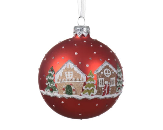 Bauble glass matt houses christmas red dia8cm