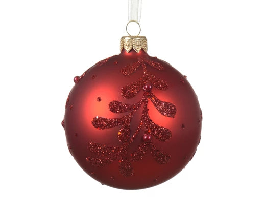 Bauble gl matt leaves and pearls christmas red D.8cm
