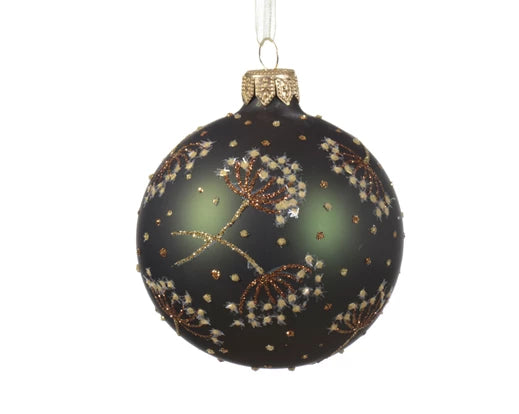 Bauble glass matt hogweed and dots pine green dia8cm