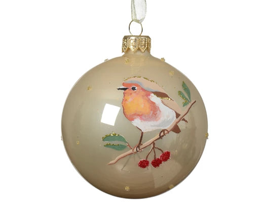 Bauble glass enamel robin pearl dia8cm