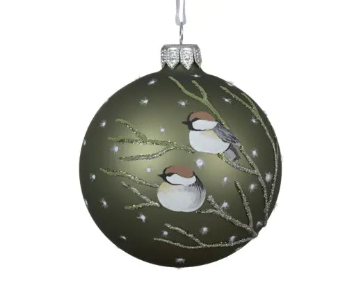 Bauble glass matt bird on holly branch  winter white D.8cm