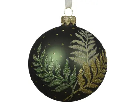 Bauble glass matt fern leaf pine green D.8cm