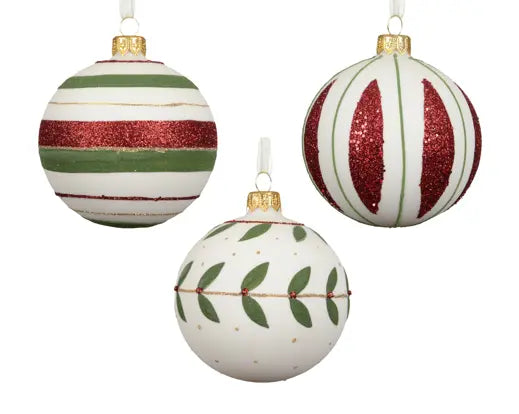 Bauble glass matt 3 different designs  wool white D.8cm