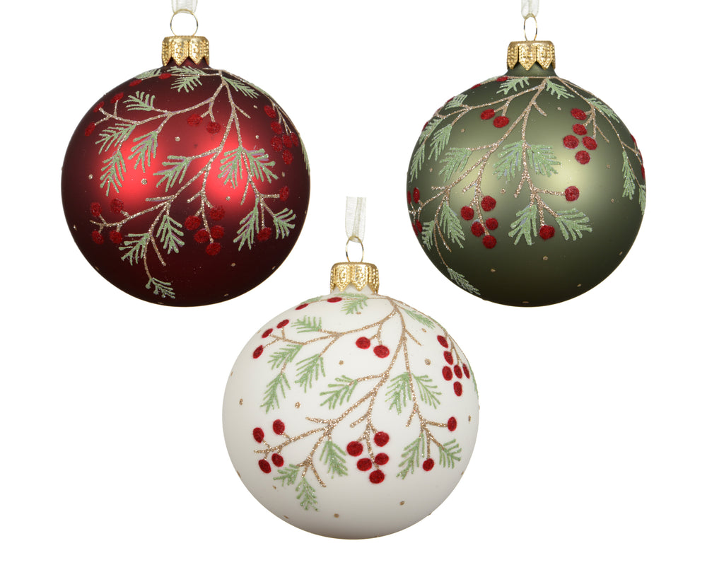 Bauble glass matt branch with berries assorted D.8cm