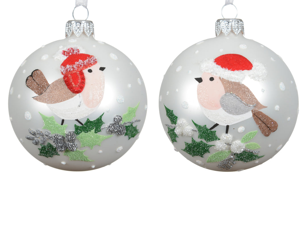 Bauble glass matt bird on holly branch winter white D.8cm