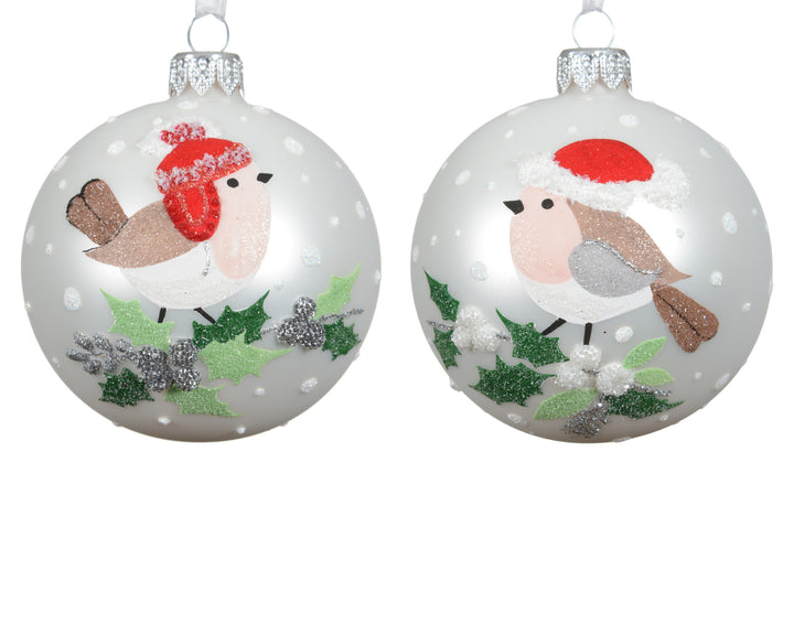 Bauble glass matt bird on holly branch winter white D.8cm