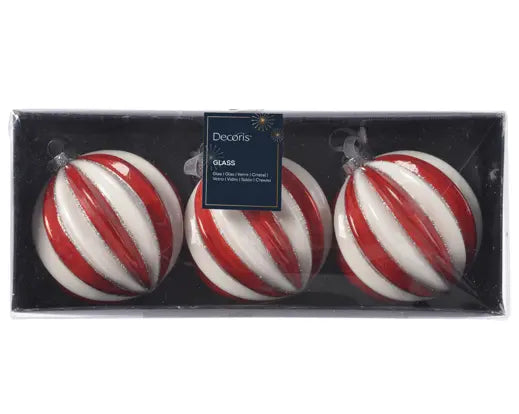 Red and white ribbed glass Christmas bauble with glitter rim, 8cm