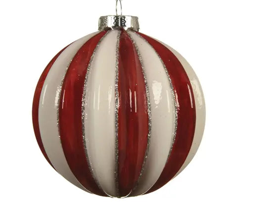 Red and white ribbed glass Christmas bauble with glitter rim, 8cm, alternate view