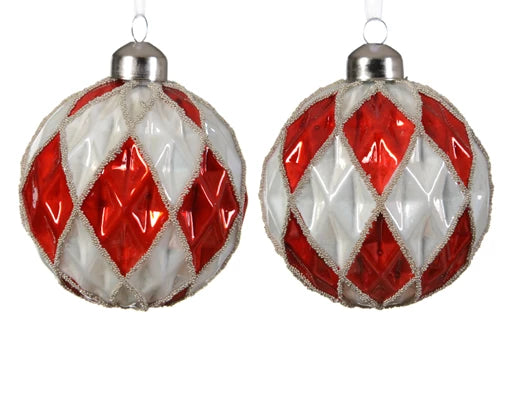 Bauble gl shiny - enamel color w big and small beads checkers  Christmas red/colour(s) D.8cm