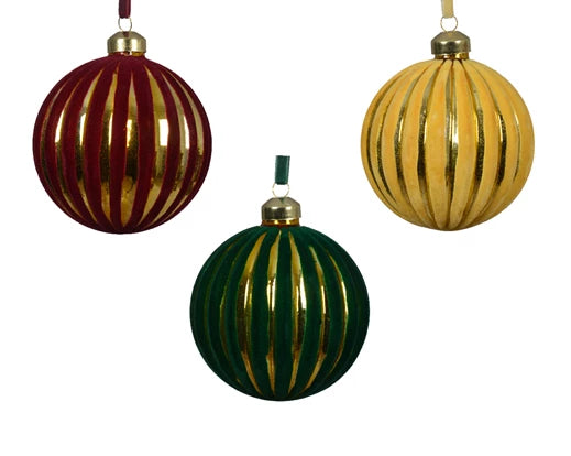 Bauble glass silver inside shiny - matt w velvet lines 3col ass assorted dia10cm