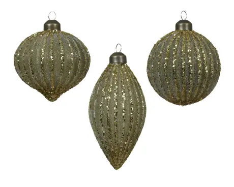 Bauble glass silver inside w glitter lines  green D.8cm