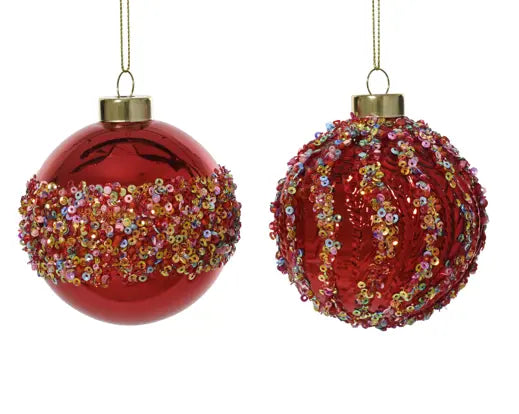 Baubles glass shiny w silver inside glitter, beads,  christmas red D.8cm