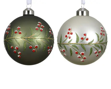 Baubles glass enamel - matt w branch and berries D.10cm