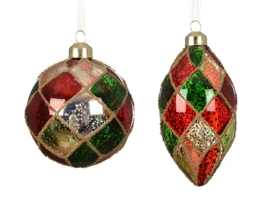 Baubles glass antique finish with bead cross 2ass assorted D.8cm