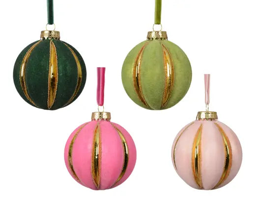 Baubles glass flock finish with gold lines assorted D.8cm