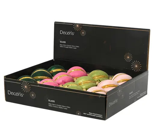 Baubles glass flock finish with gold lines assorted D.8cm