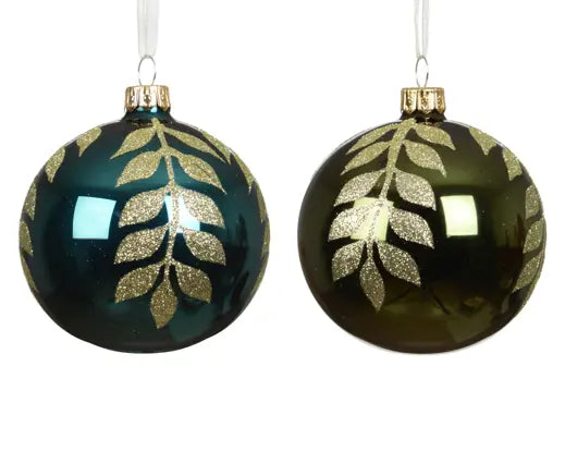 Bauble glass shiny leaf branch 2col ass assorted D.8cm