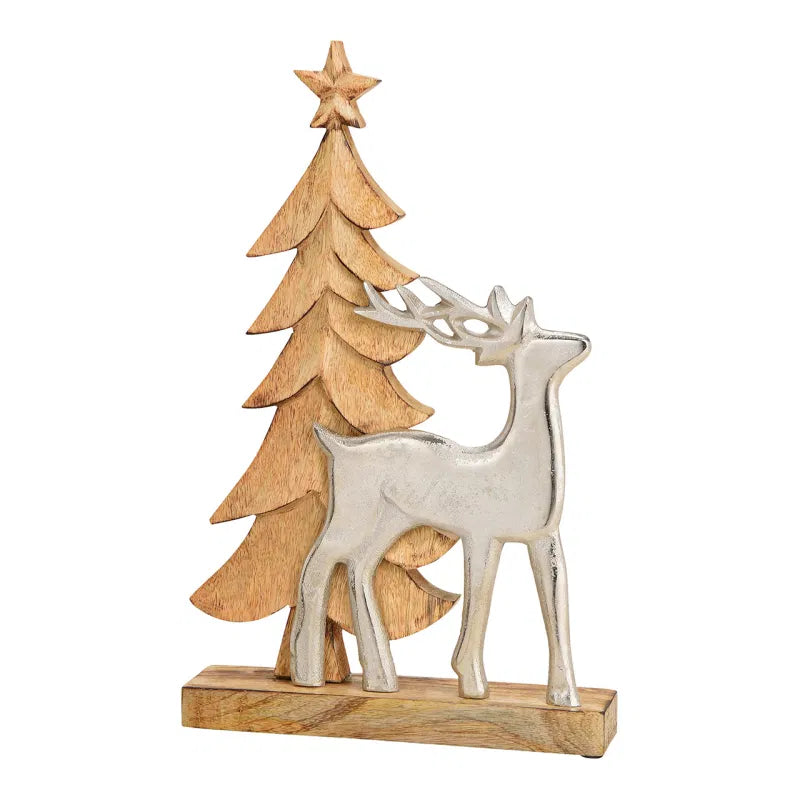 Christmas tree stand with metal deer made of brown wood 26x40x6cm