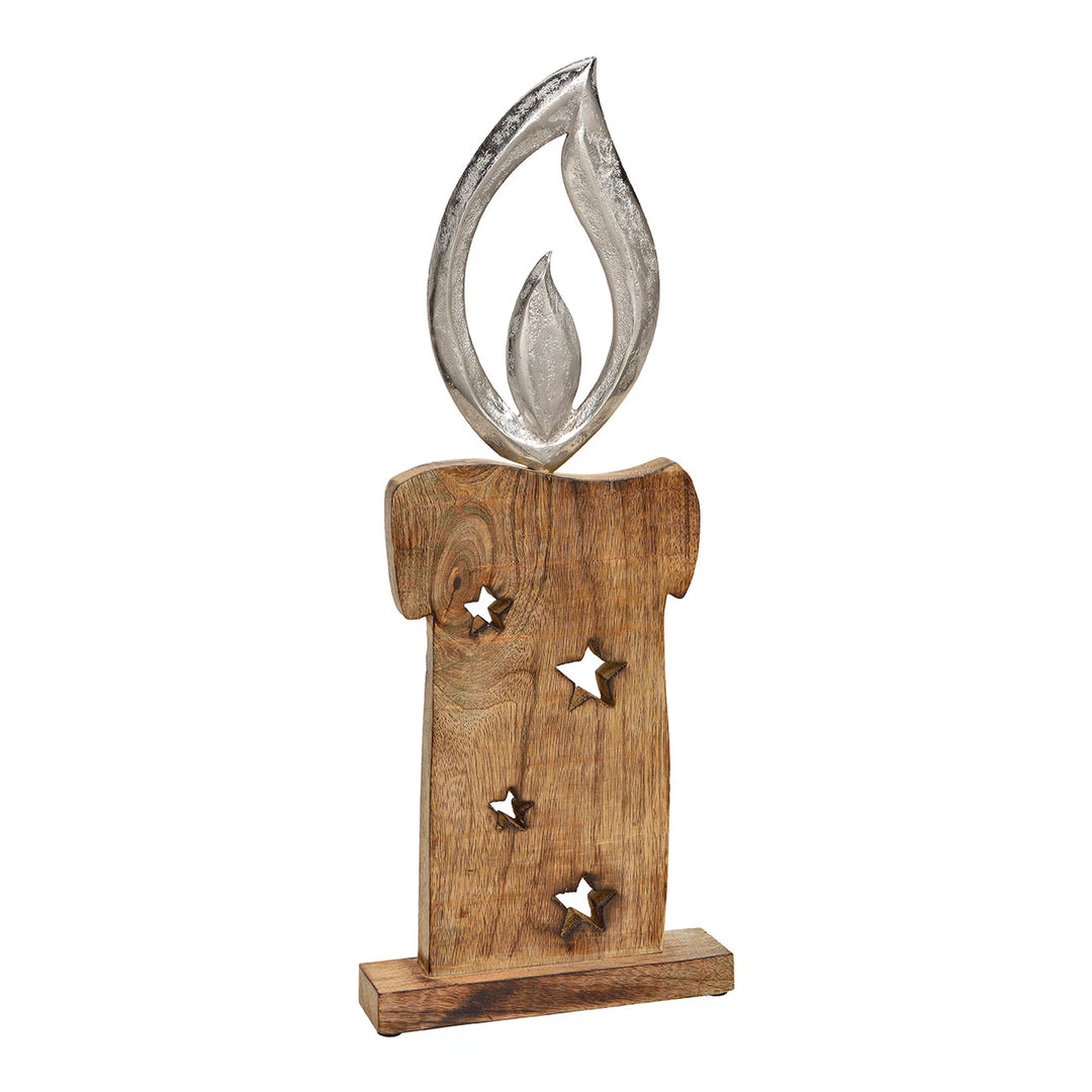 Stand candle with metal flame made of wood brown (20x52x5cm)