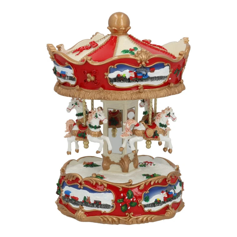 Red moving Christmas carousel music box, 26cm