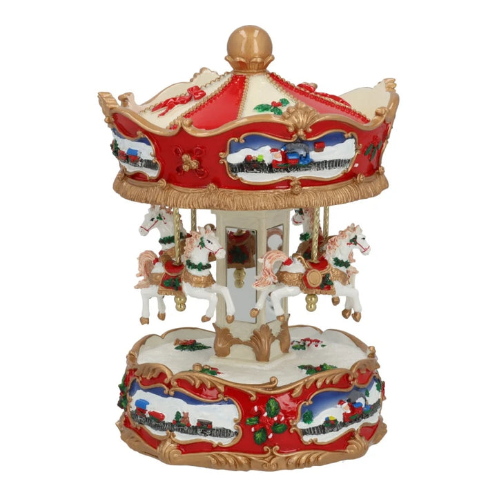 Red moving Christmas carousel music box, 26cm