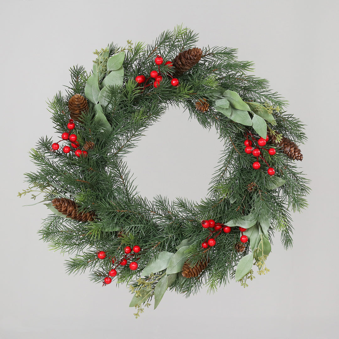Fir and berry Christmas wreath with eucalyptus on a vine base, 55cm
