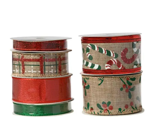 Ribbon polyester green red print  assorted L.200cm x W.3.8cm x H.0.01cm