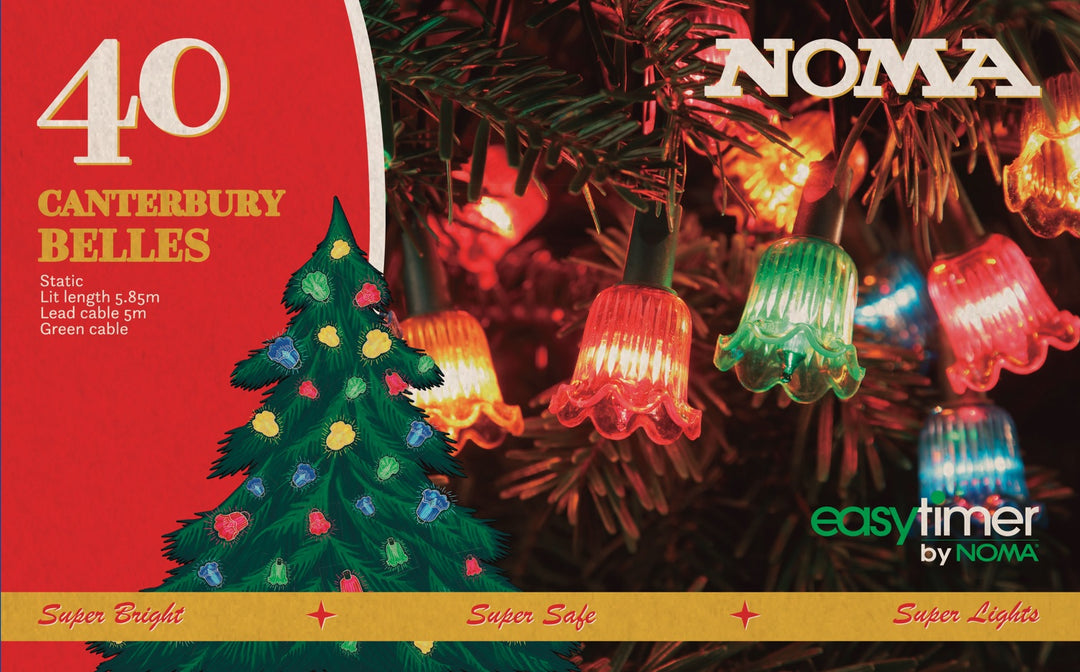 NOMA Canterbury Belles Christmas light set packaging with tree illustration and product details.