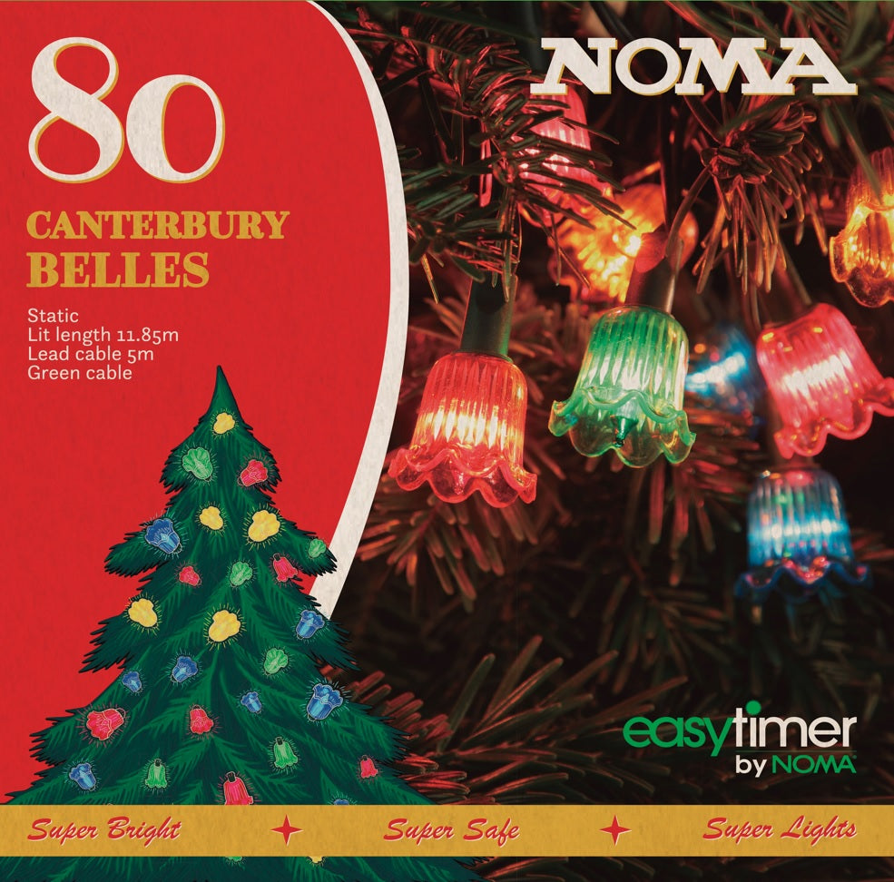 NOMA Canterbury Belles Christmas light set packaging with tree illustration and product details.