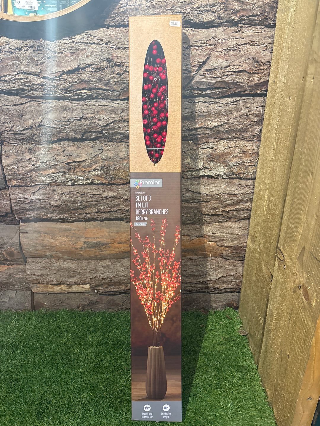 1m Set of 3 Red Holly Berry Branch 180 WW MicroBright LEDs