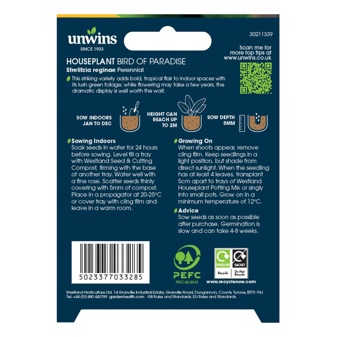Unwins Houseplant Bird Of Paradise (Strelitzia Reginae) - Seed Packets - Windyridge Garden Centre