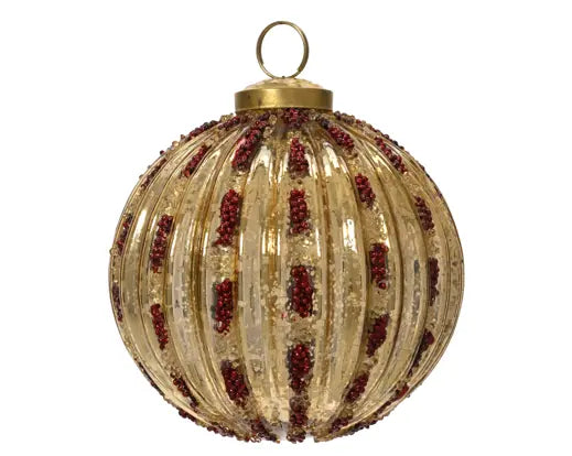 Bauble glass antique silver with red beads gold D.10cm
