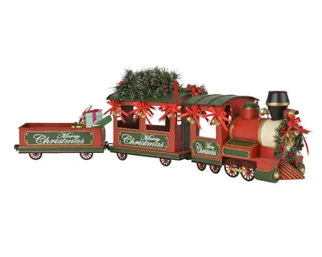 Train iron tree gifts, berries, pinecones, bells red L.92cm x W.16.3cm x H.30cm