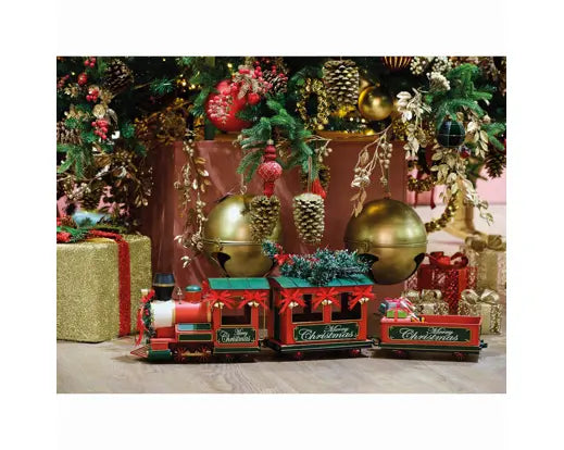 Train iron tree gifts, berries, pinecones, bells red L.92cm x W.16.3cm x H.30cm
