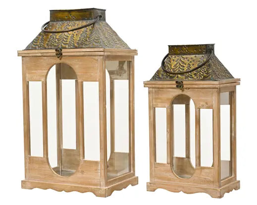 Lantern firwood rectangle antique gold roof w. tree embossing, 4-sided glass fsc 100% natural/colour(s) L.28cm W.17.5cm H.50cm