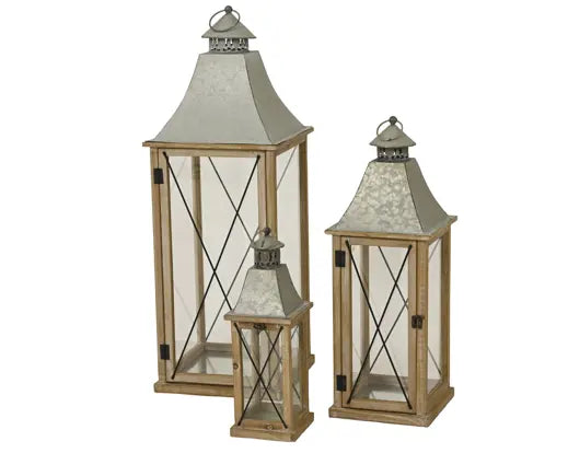 Lantern firwood rectangle with four side glass, with two side metal crossing fsc 100% natural L.14cm W.14cm H.42cm