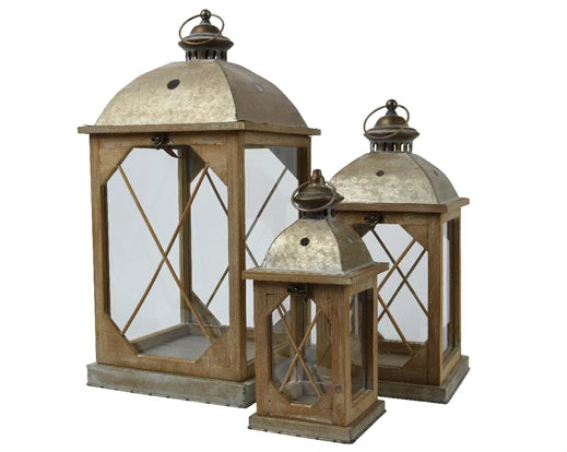 Lantern Firwood Rectangle Antique Gold With Four Side Glass, With Two Side Wood Crossing L.14Cm W.14Cm H.32Cm - Home & Living - Windyridge Garden Centre