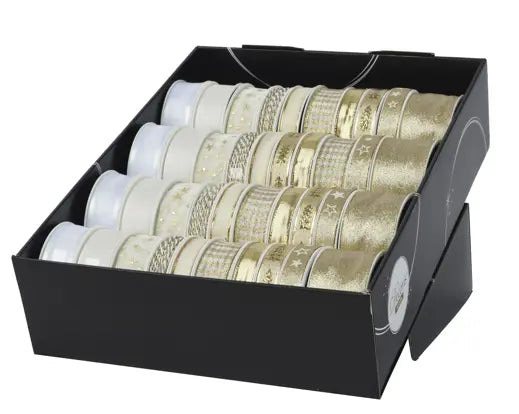 Ribbon polyester  gold/pearl L.400cm x W.1.5cm x H.0.2cm