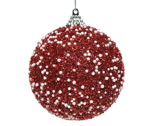 Bauble foam glitter white dots red D.8cm